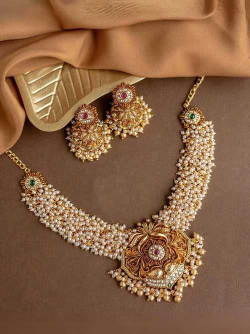 Traditional Cluster Pearl Temple Necklace Set