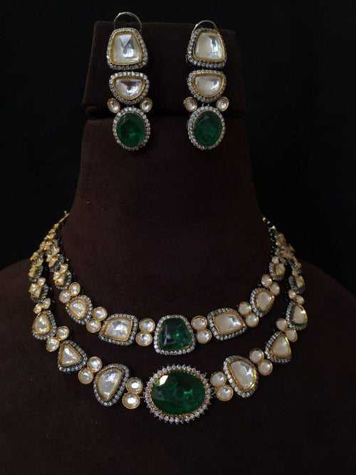 Uncut Faux Moissanite Polki Kundan Emerald Green Doublet Diamond Necklace