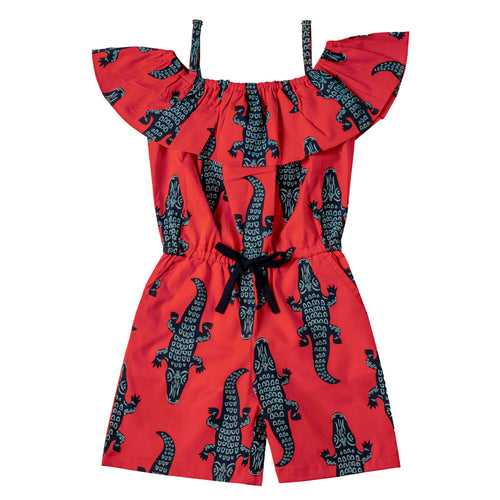 Girls Red Crocodile Print Jumpsuit