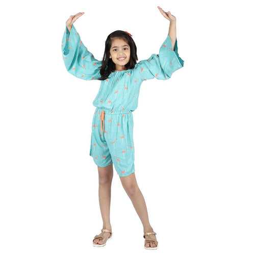 Girls Aqua Blue Flamingo Print Jumpsuit