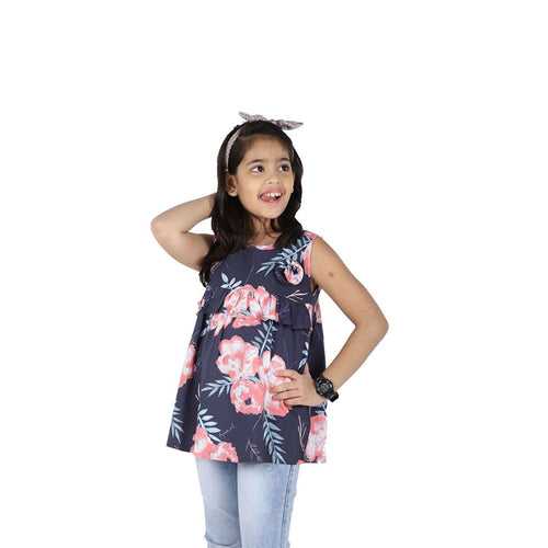 Girls Blue Floral Cotton Top