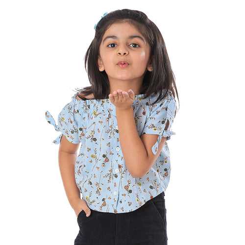 Girls Light Blue Floral Cotton Top