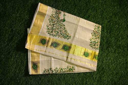 Tissue Saree with Green and Gold Peacock Print- 2456