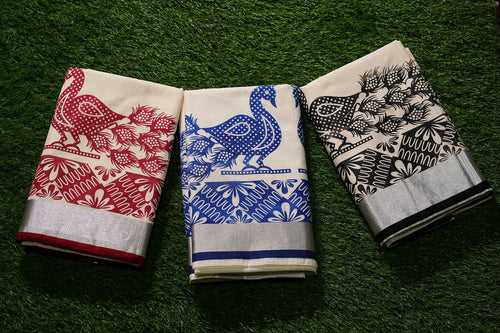 Traditional Kerala Cotton Saree with Silver Border and Peacock Print- 2449