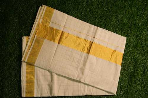 Kerala Traditional Pure Cotton Set Saree with check Patterns and Kasavu- 2436