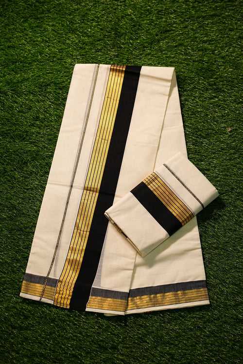 Kerala Traditional Cotton Set Mundu with Black and Gold Kasavu Border -2444