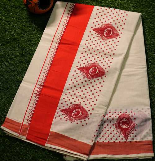 Pure Kerala Cotton Saree With Peacock Feather Block Prints and Solid Colour Borders- 2426
