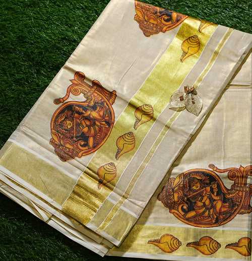 Tissue Saree with mural print and shangu print on kasavu - 2422