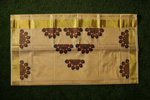 Kerala Tissue Kasavu Set Saree with Mural Prints on Pallu and all over the body - 2430