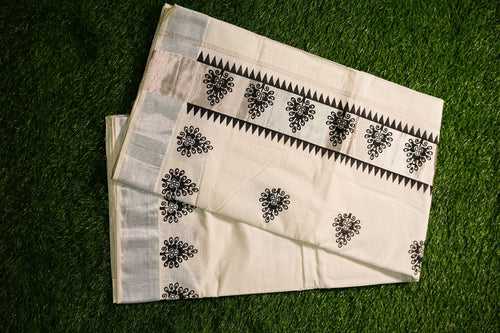 Kerala Traditional Cotton set saree with black and silver border, with full body work-2448