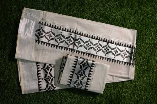 Silver tissue set mundu with black floral borders .-2446