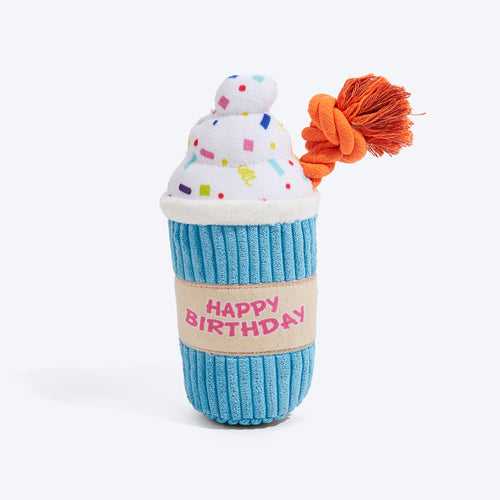 FOFOS Birthday Drink Squeaky Plush Dog Toy - Blue & White