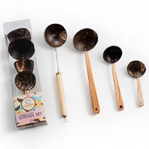 Coconut Shell Ladles with Steel and Wood Handles (Set of 4)