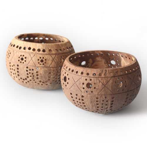 Traditional Coconut Shell Tea Light Candle Holders (Set of 2)