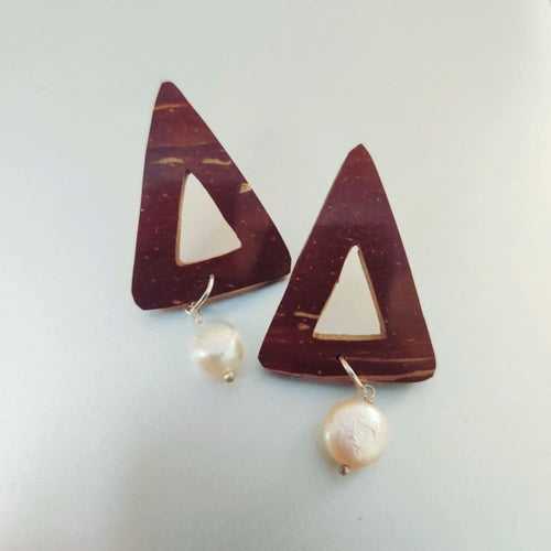 Pearl & Triangle Coconut Shell Earrings (Golden Hook)