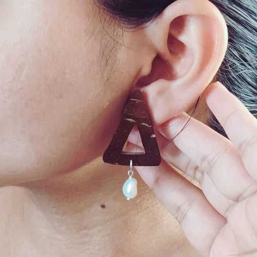 Pearl & Triangle Coconut Shell Earrings  (Silver Hook)