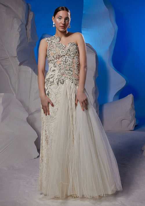 Ivory one-shoulder gown