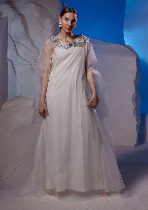 Ivory organza kaftan dress with cotton silk inner