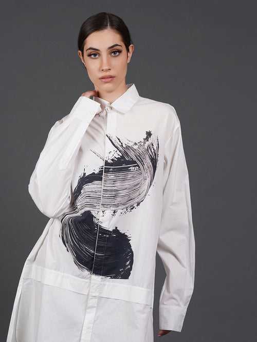 White, stylish, loose-fit, cotton  shirt with digital print on it