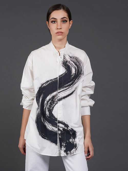 White, stylish, lose-fit, cotton shirt with digital print on it