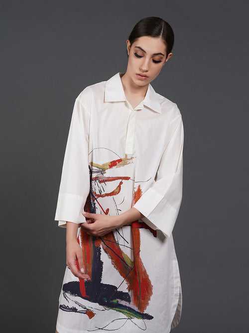 White cotton kurta showcasing abstract digital print in the front.