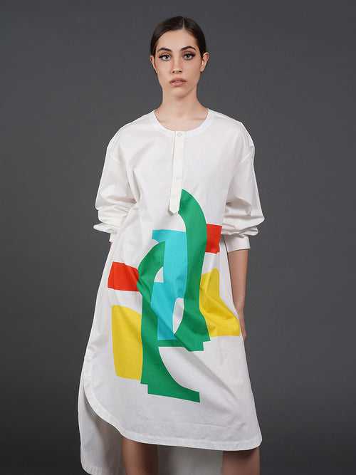 White cotton shirt showcasing abstract digital print in the front.