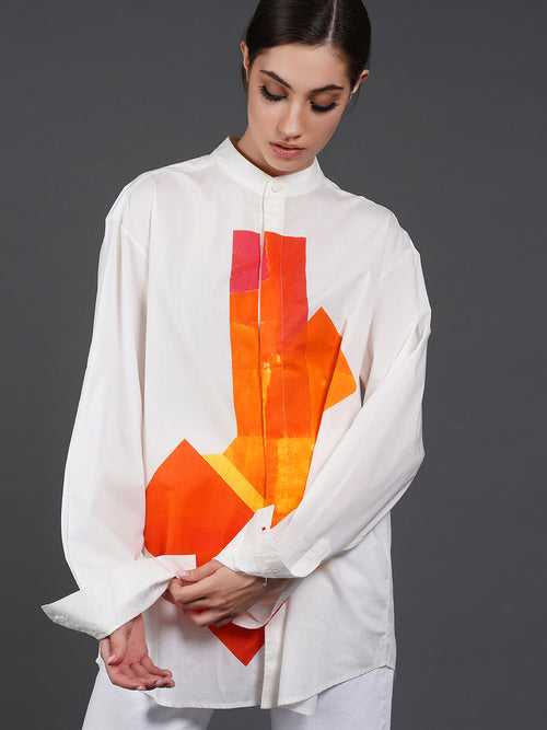 White cotton shirt showcasing abstract digital print in the front.