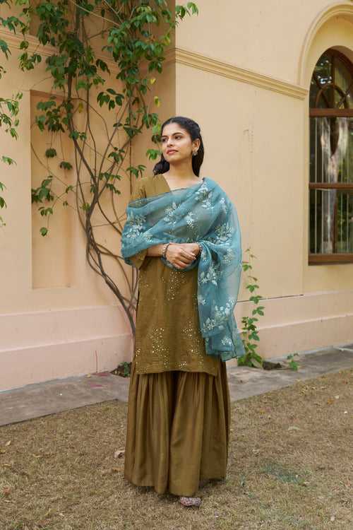 kikli olive-set of 3( kurta, sharara & dupatta)