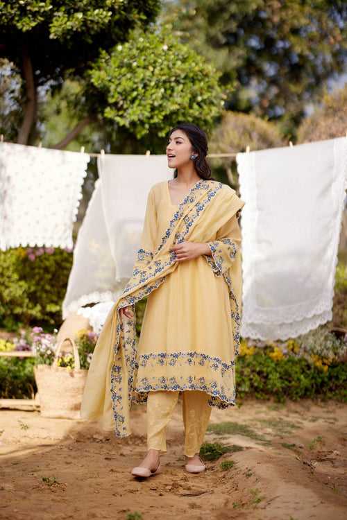 LEMON MERINGUE fields-set of 3(A- line kurta, pant & dupatta)