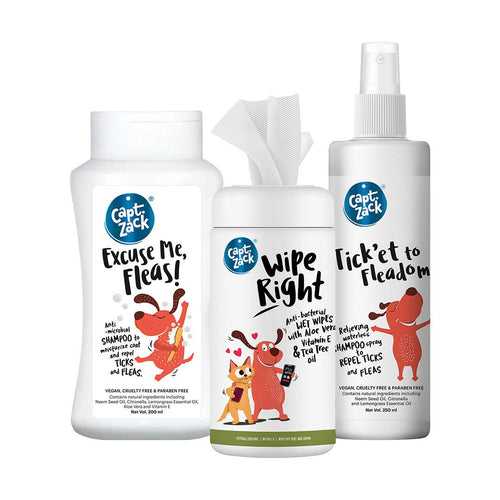 Flea Free Dog Grooming Combo of 3 - Tick'et to Fleadom 250 + Excuse Me Fleas 250 + Wipe Right Antibacterial Wipes 80 wipes