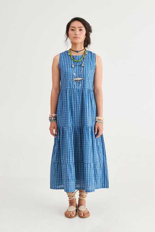 Indigo Checks Sleeveless Dress