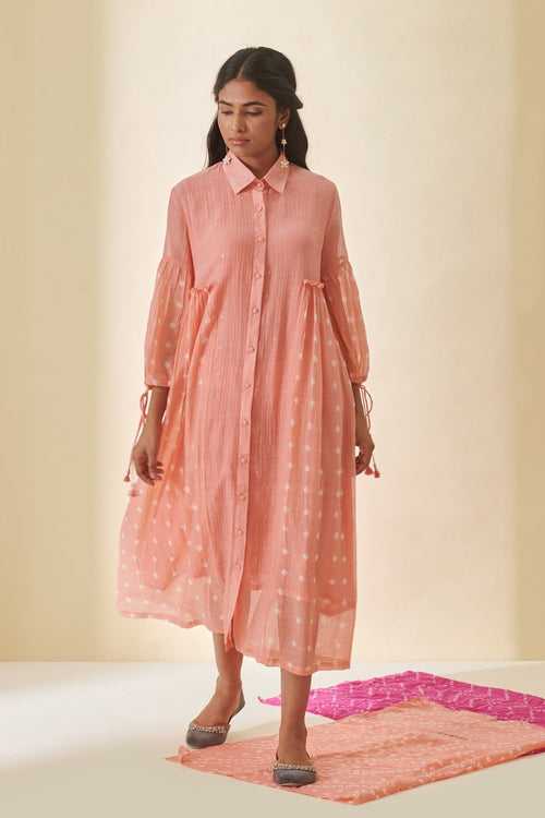 Peach Bandhani Straight Gathered Dress