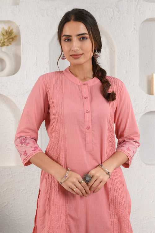 Peach Pintucked Dobby Kurta