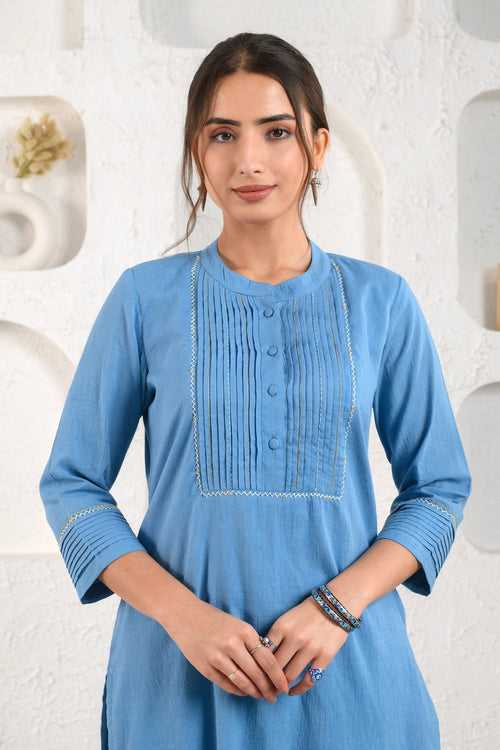 Blue Pleated Dobby Kurta