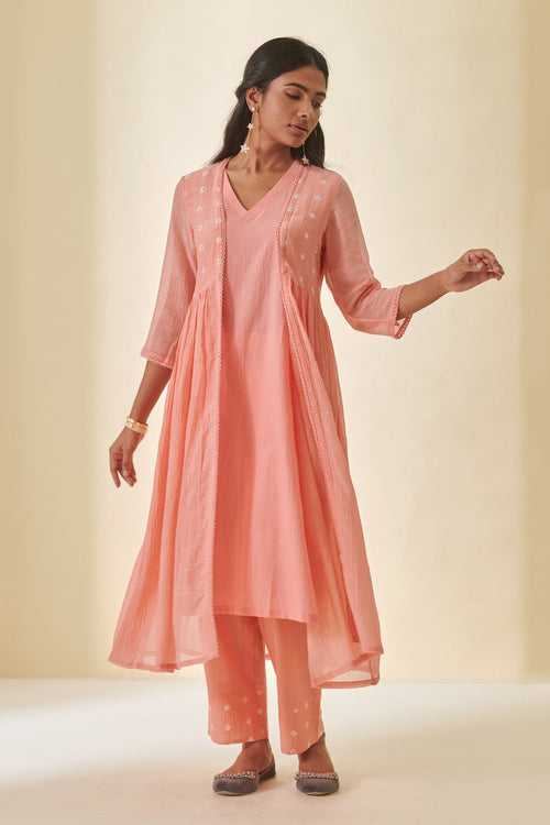 Peach Bandhani Long Jacket Kurta