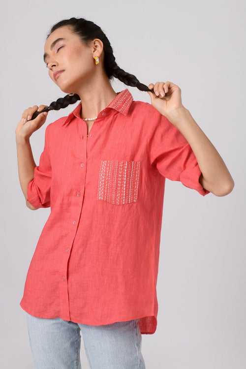 Pink Katha Linen Shirt