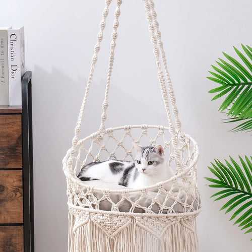 Macrame Hanging Cat Hammock with Cat Bed
