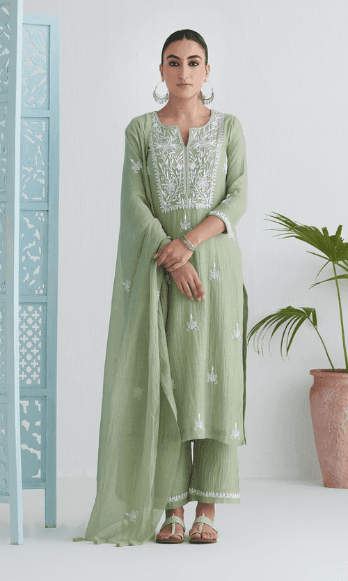 Chikankari Pista Green Straight Kurta With Palazzo And Dupatta  ( Set Of 3) RTS