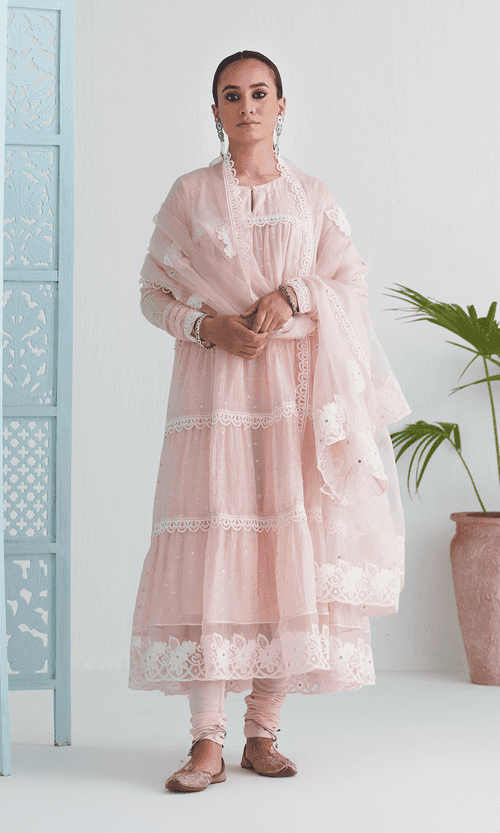 Chikankari Soft Pink Lace detailed Anarkali With Chooridar And Dupatta (Set Of 3) RTS