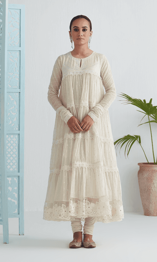 Chikankari Ivory Lace detailed Anarkali With Chooridar And Dupatta (Set Of 3)