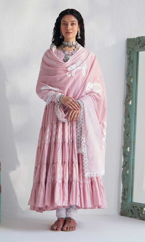 Gaj Dusty Pink Block Printed Tiered Anarkali  With Churidar And Dupatta (Set Of 3)