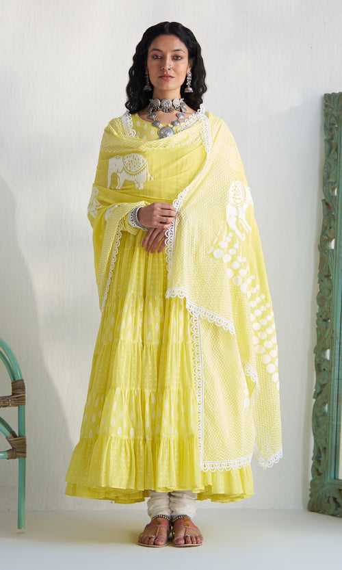 Gaj Yellow Block Printed Tiered Anarkali  With Churidar And Dupatta (Set Of 3)