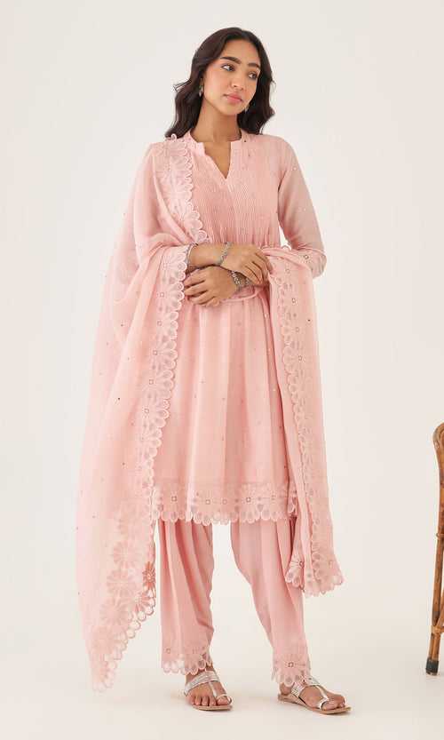 Hoor Pink Pintuck Kurta with Salwar and Dupatta - Set of 3 RTS