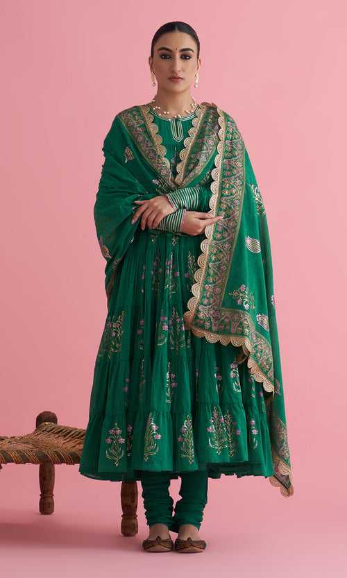 Apala Green Foil Print Boota Tiered Anarkali with Chooridar and Dupatta (set of 3)