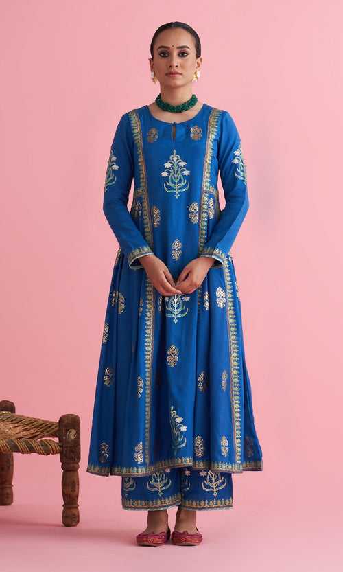 Apala Blue Foil print Anarkali with palazzo and dupatta(set of 3) RTS