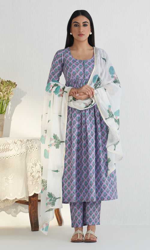 Bahameen 2 Lilac Block Printed Anarkali  With Palazzo And Dupatta ( Set Of 3)