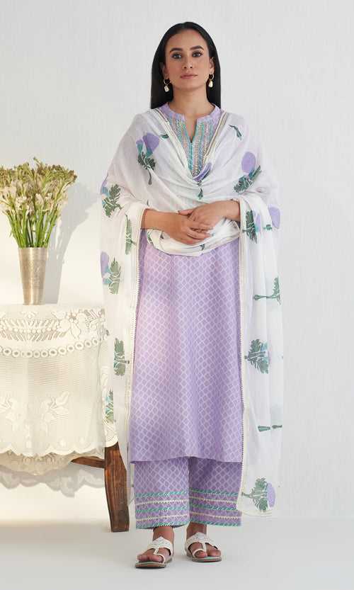 Bahameen 2 Lilac Solid Straight Kurta With Palazzo And Block Printed Dupatta ( Set Of 3)