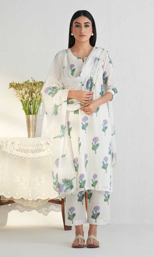 Bahameen 2 Lilac Block Printed Kurta With Palazzo (Set Of 3) RTS