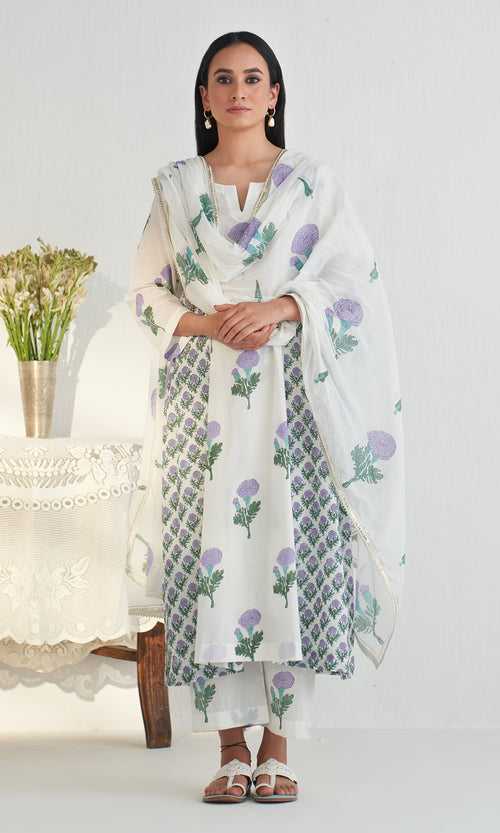 Bahameen 2 Lilac Block Printed Side Gathered Straight Kurta With Palazzo And Mul Dupatta - ( Set Of 3)