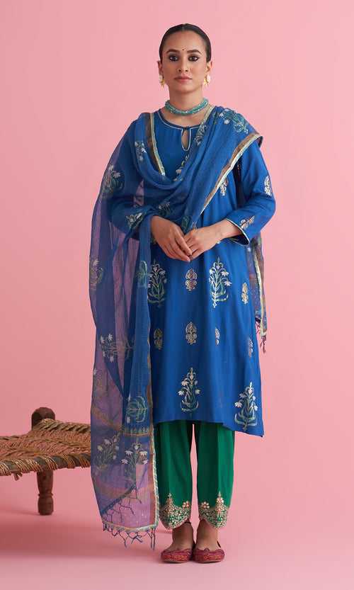 Apala Blue Foil Print Kurta with Embroidered Salwar and Dupatta (set of 3)